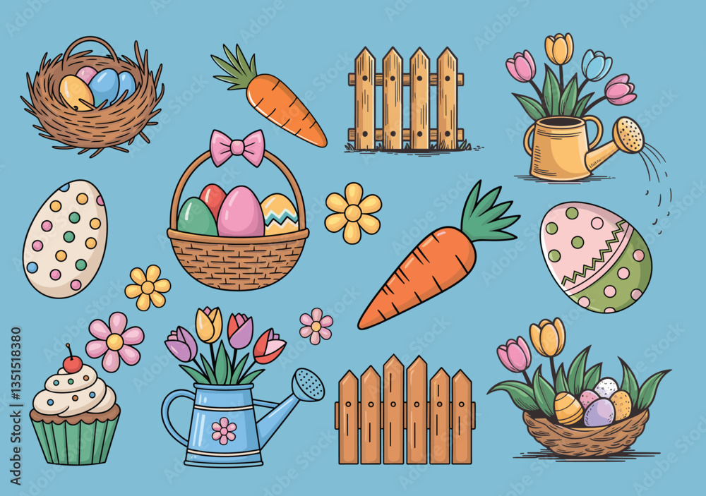 Fototapeta premium Easter themed illustrations with eggs, baskets, carrots, flowers and fence