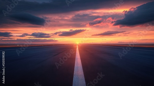 Sunset Runway Vibrant Sky  Asphalt Road  Journey Concept  Photography  Travel  Adventure. Sunset  Runway