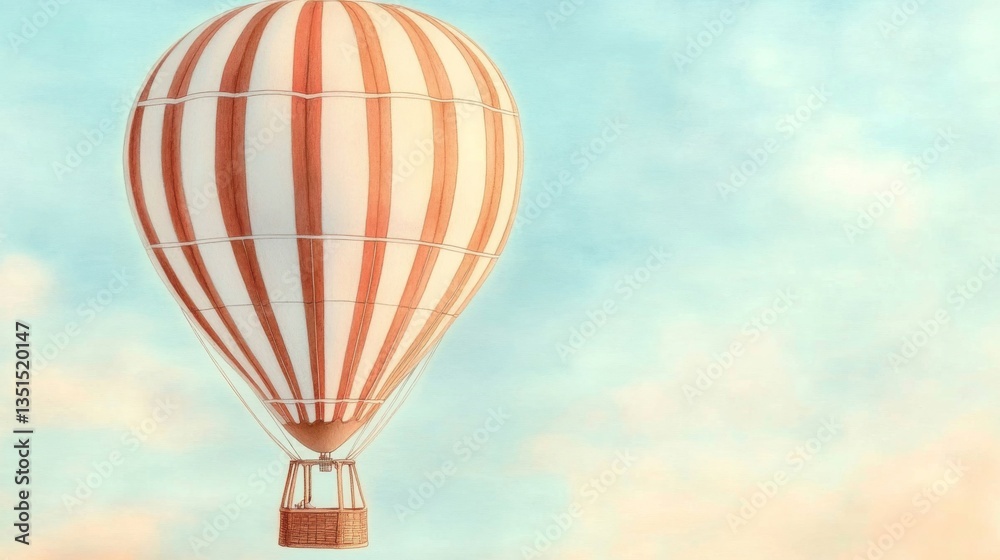 Fototapeta premium Orange and White Striped Hot Air Balloon Watercolor Painting Serene Flight Concept, Hot Air Balloon, Watercolor Illustration, Travel, Freedom Hot Air Balloon, Watercolor Painting