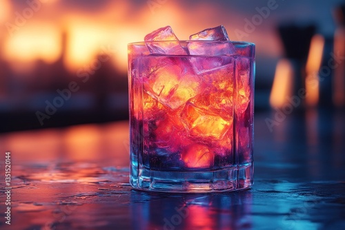 Iced drink at sunset bar with colorful background glow, ready for consumption