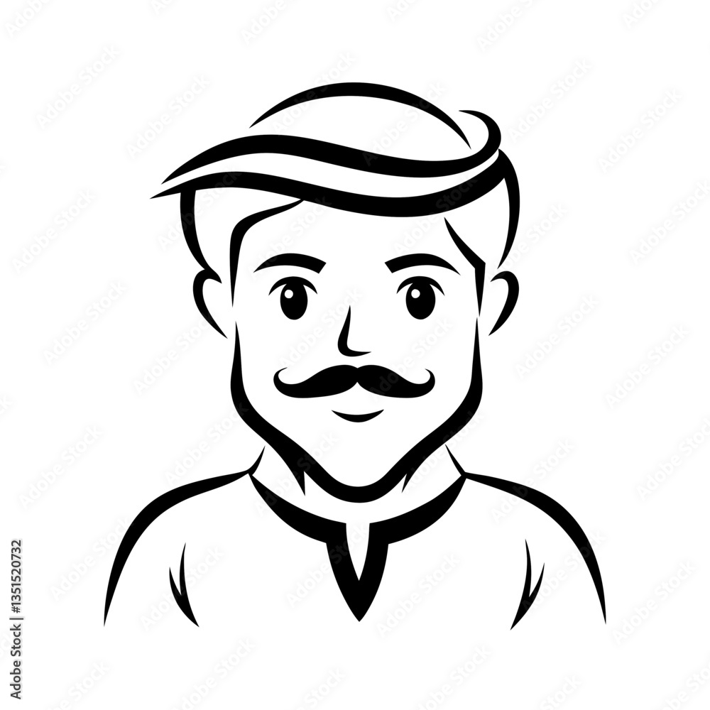 Black and white cartoon portrait of a smiling man with mustache Black and white cartoon portrait of a smiling man with mustache