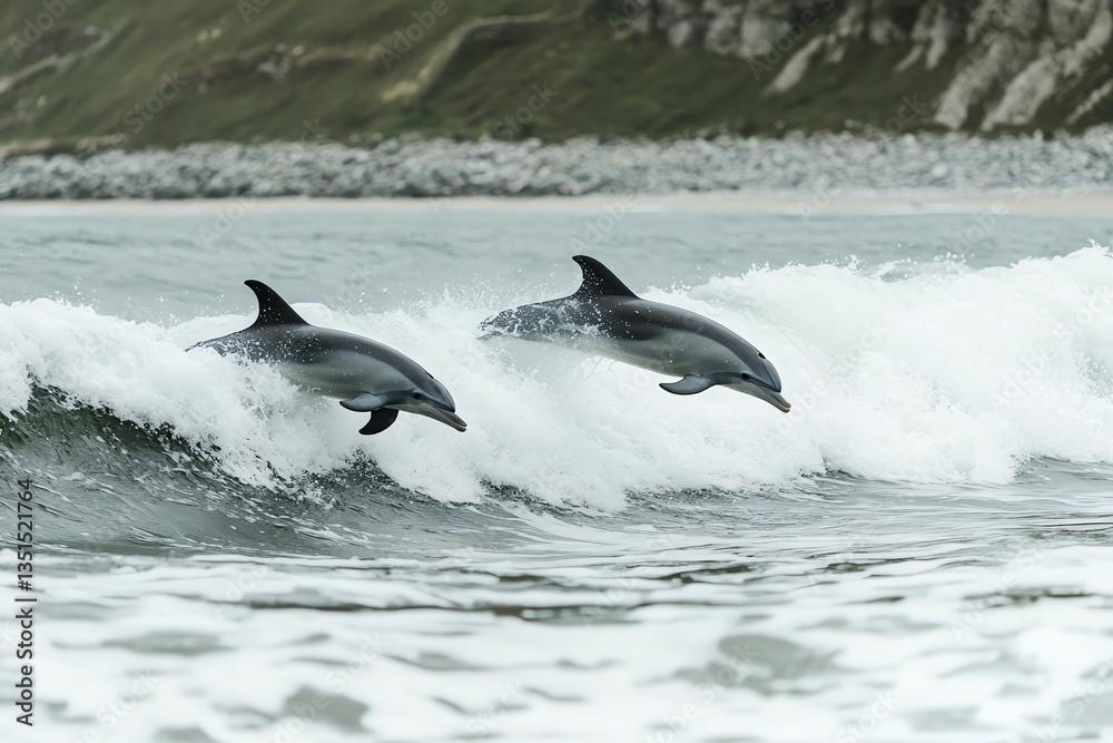 Fototapeta premium Two Dolphins Jumping From Ocean Wave Along the Coastline Scenic View