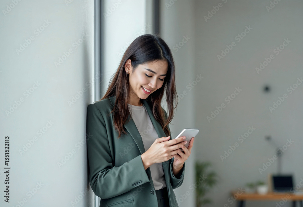 Asian businesswoman using smartphone while standing over a white wall in an office Asian businesswoman using smartphone while standing over a white wall in an office