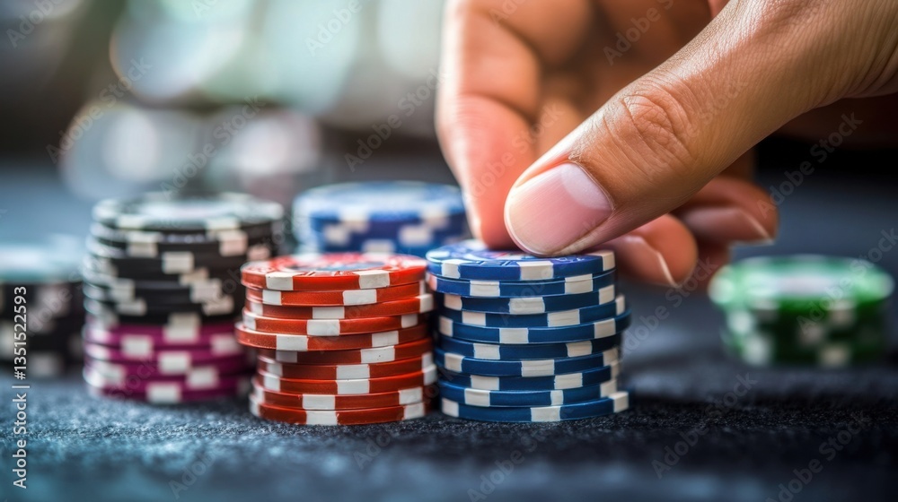 Hand selects poker chip in front of stacked casino chips during a game night at a vibrant card table in an upscale setting Hand selects poker chip in front of stacked casino chips during a game night at a vibrant card table in an upscale setting