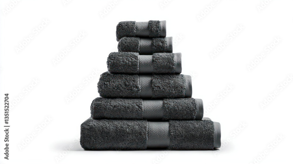 A set of plush towels stacked in a pyramid on white. A set of plush towels stacked in a pyramid on white.