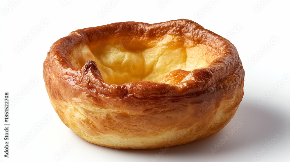 Golden brown Yorkshire pudding with puffy edges. Light and airy center with crisp exterior, baked to perfection and placed on a clean white background.