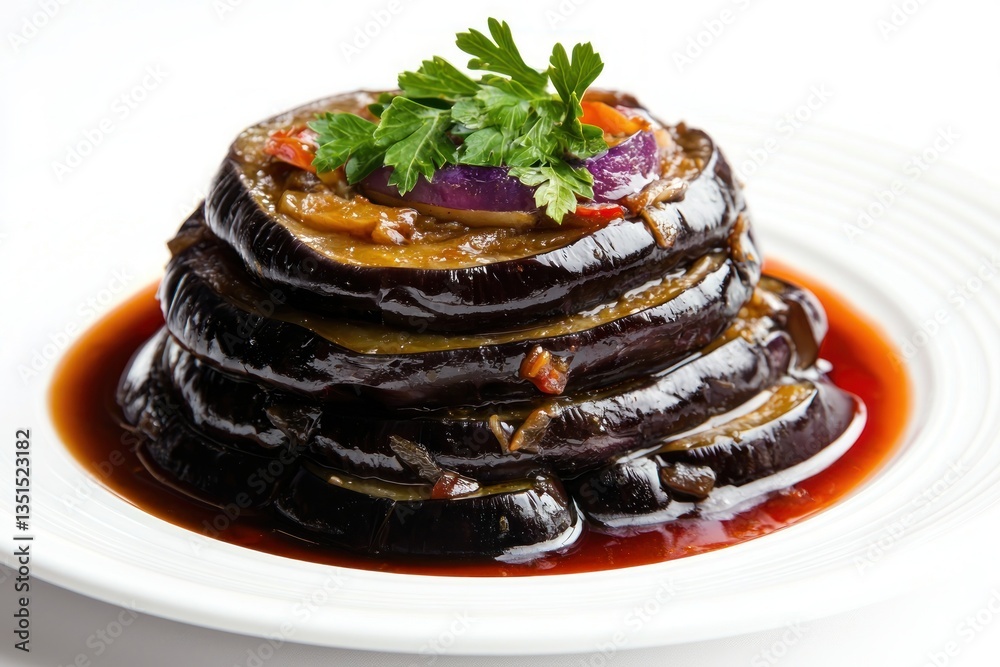 Appetizing eggplant tower artfully plated dish enhanced with vibrant parsley and onion on the white background Appetizing eggplant tower artfully plated dish enhanced with vibrant parsley and onion on the white background