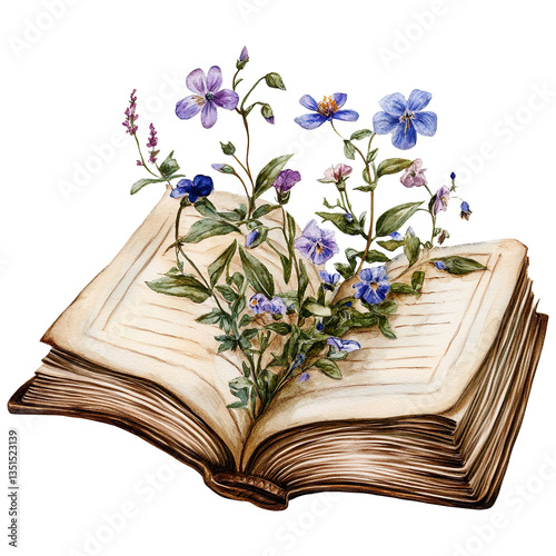 Vector watercolor painting of flowers growing from an old open book, hand-painted isolated on transparent background