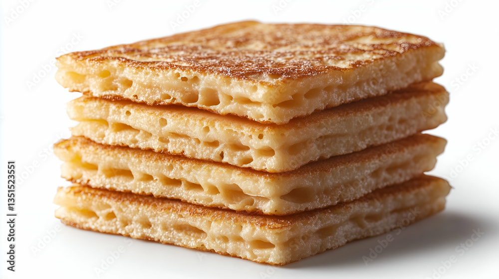 Stack of fluffy square pancakes with golden brown crust. Thick and airy layers showing soft texture and delicious appearance, isolated on white background. Stack of fluffy square pancakes with golden brown crust. Thick and airy layers showing soft texture and delicious appearance, isolated on white background.