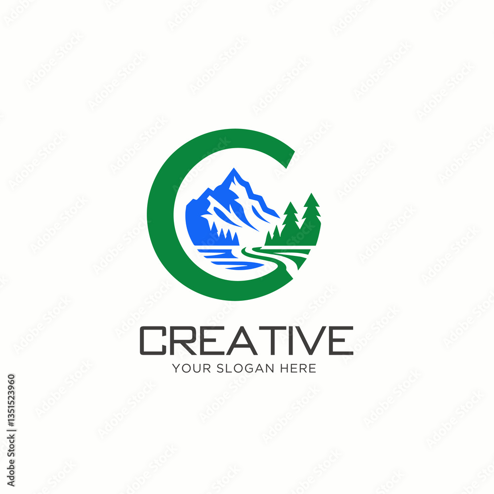 Fototapeta premium Letter C with Mountains and Pine Forest Logo Design