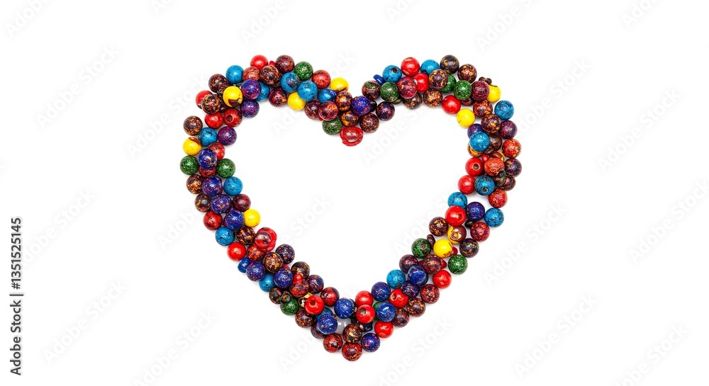 Creating Heart Shape with Colorful Round Beads on White Background Creating Heart Shape with Colorful Round Beads on White Background