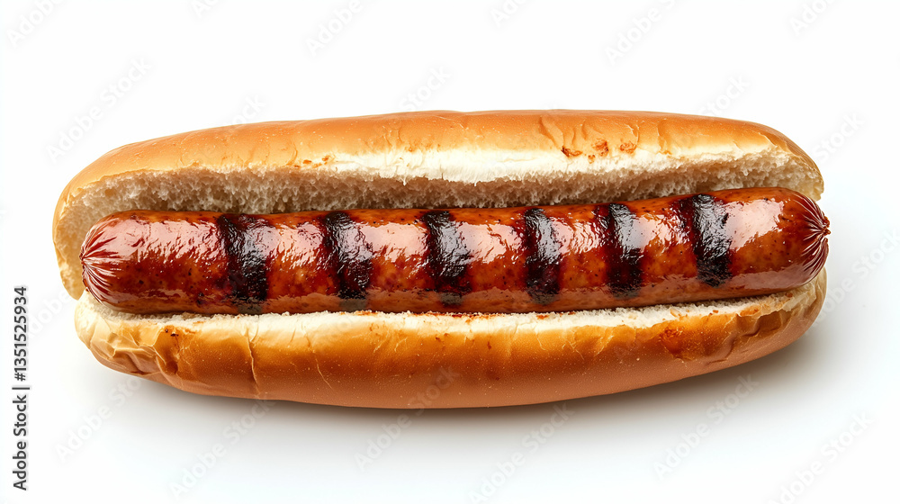 Grilled hot dog with char marks in soft bun. A juicy sausage perfectly cooked with dark grill lines, served in a fresh hot dog bun on clean white background.