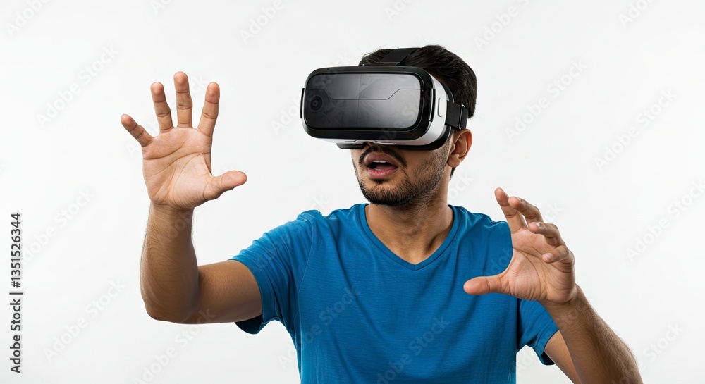 Man Wearing Vr Headset Experiencing Virtual Reality with Open Hands Man Wearing Vr Headset Experiencing Virtual Reality with Open Hands