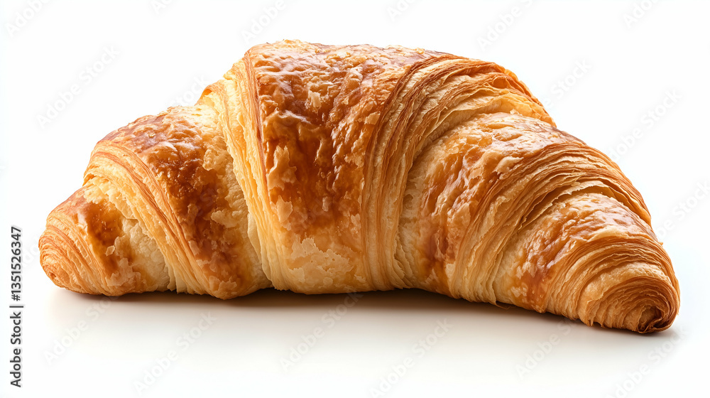Golden brown croissant with crispy layers. Flaky and buttery pastry with a soft, airy interior, placed on a white background, showing its delicious texture and baked finish. Golden brown croissant with crispy layers. Flaky and buttery pastry with a soft, airy interior, placed on a white background, showing its delicious texture and baked finish.