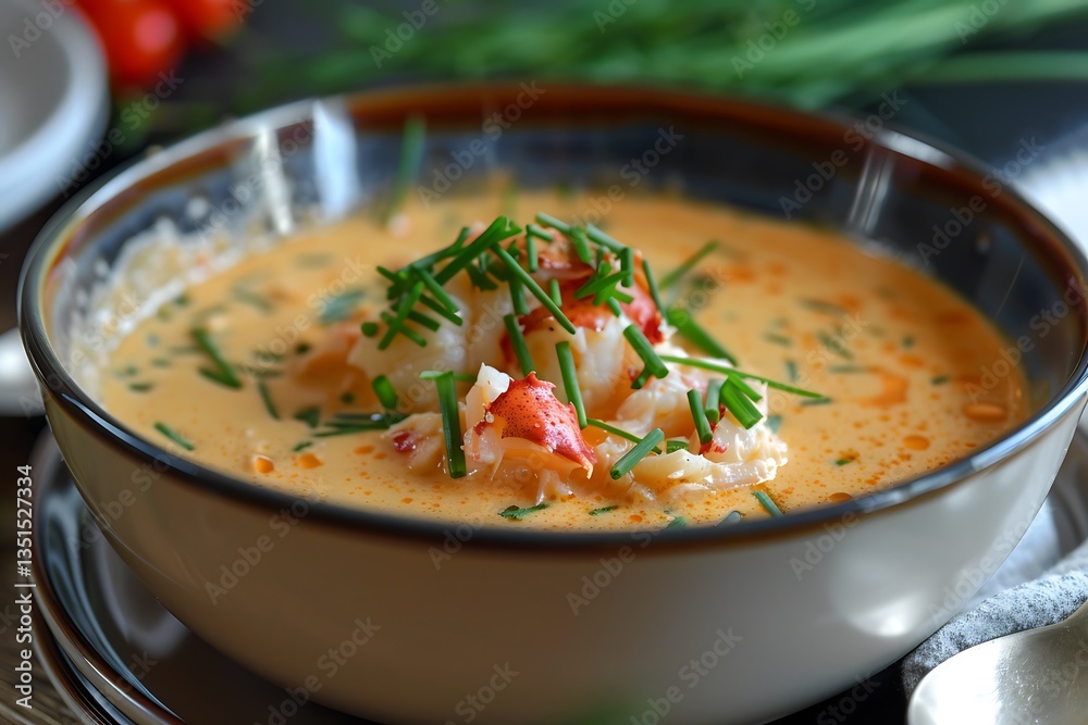 A decadent seafood bisque with a creamy, rich texture, filled with chunks of lobster and crab, garnished with fresh chives A decadent seafood bisque with a creamy, rich texture, filled with chunks of lobster and crab, garnished with fresh chives