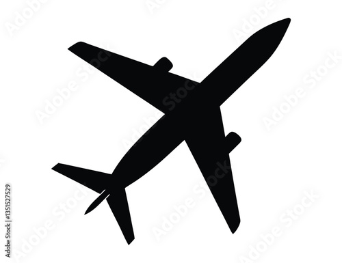 Airplane Silhouette Vector Illustration on White Background, Jet Airplane Silhouette Isolated Vector for Aviation Design, Black Airplane Silhouette Vector Icon on Clean White Background, Commercial Ai