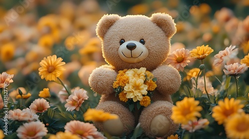 Adorable teddy bear with a colorful bouquet surrounded by beautiful blooming flowers