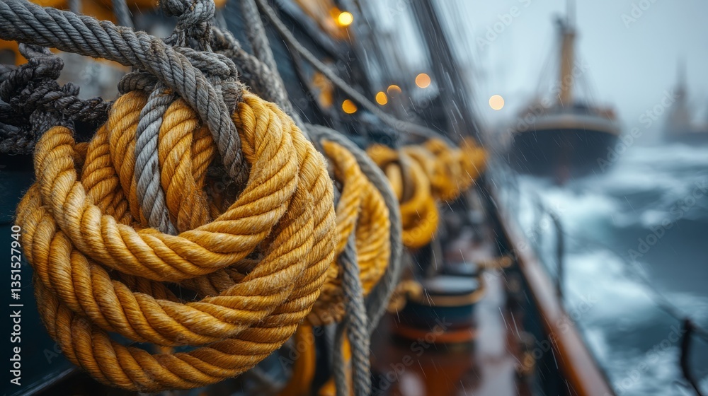 Obraz premium Yellow ropes are carefully coiled aboard a vessel amidst turbulent seas