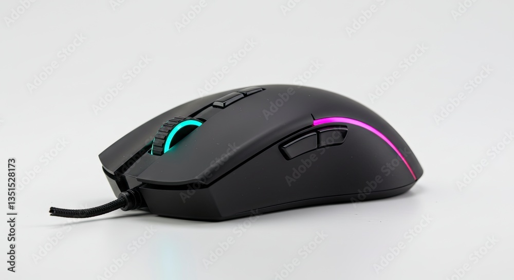 Close-up of Modern Black Gaming Mouse with Led Lighting on White Close-up of Modern Black Gaming Mouse with Led Lighting on White