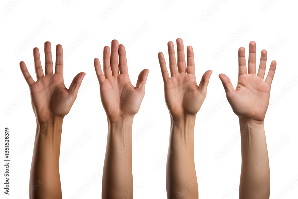 Four hands raised in the air, symbolizing voting or answer question, isolated on a transparent background. Generative ai Four hands raised in the air, symbolizing voting or answer question, isolated on a transparent background. Generative ai