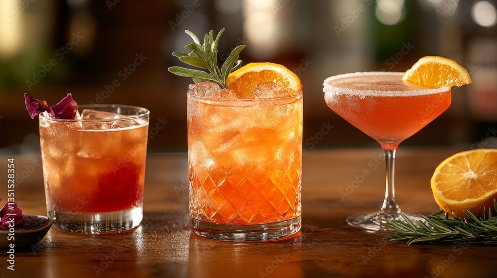 Three delightful cocktails showcase rich colors and refreshing garnishes, perfect for summer Three delightful cocktails showcase rich colors and refreshing garnishes, perfect for summer