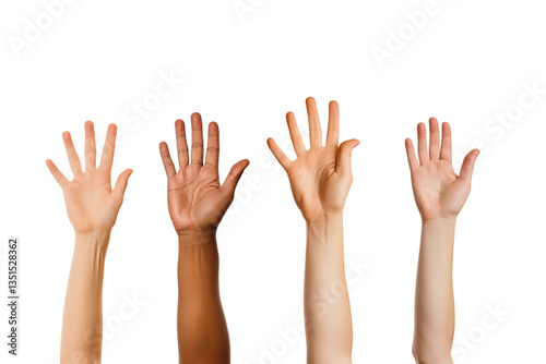 Four hands raised in the air, symbolizing voting or answer question, isolated on a transparent background. Generative ai