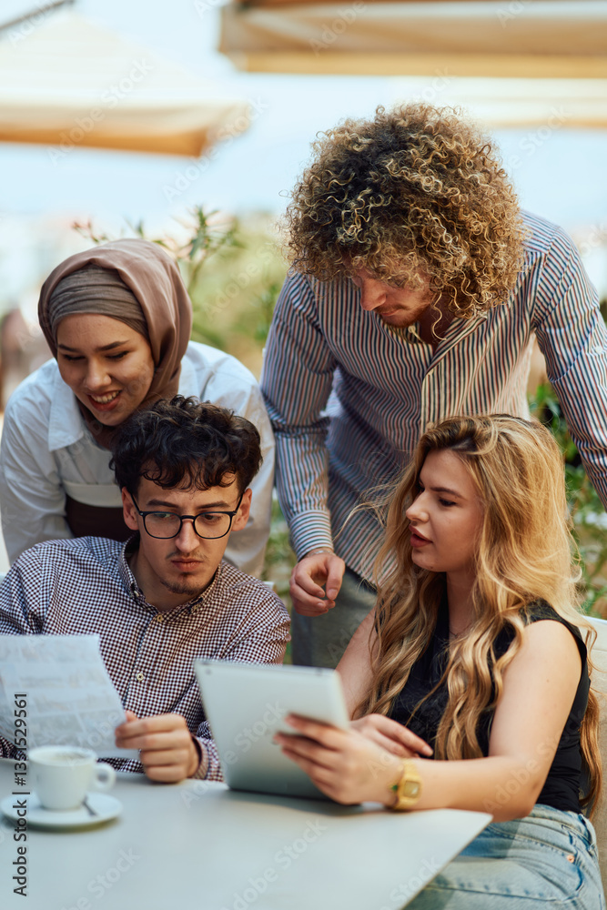 Obraz premium A Diverse MultiEthnic Group Reviewing Projects During a Work Break in a Caffee.