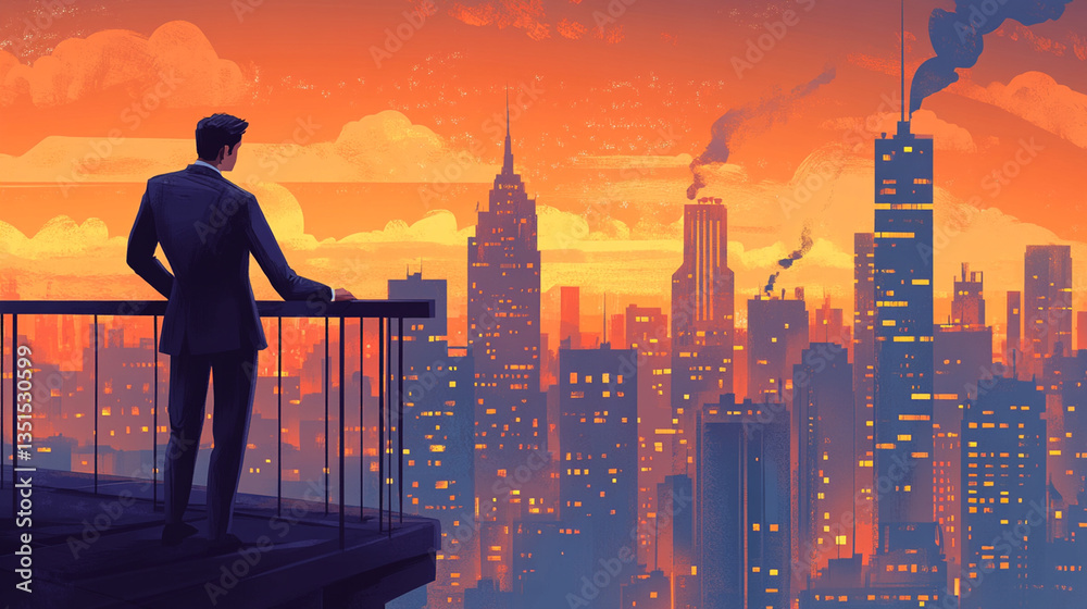 A businessman stands on a balcony overlooking a vibrant city skyline at sunset, with towering skyscrapers and smoke A businessman stands on a balcony overlooking a vibrant city skyline at sunset, with towering skyscrapers and smoke