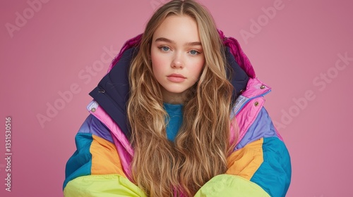 Young woman in colorful winter jacket with long hair against pink background, stylish casual fashion portrait