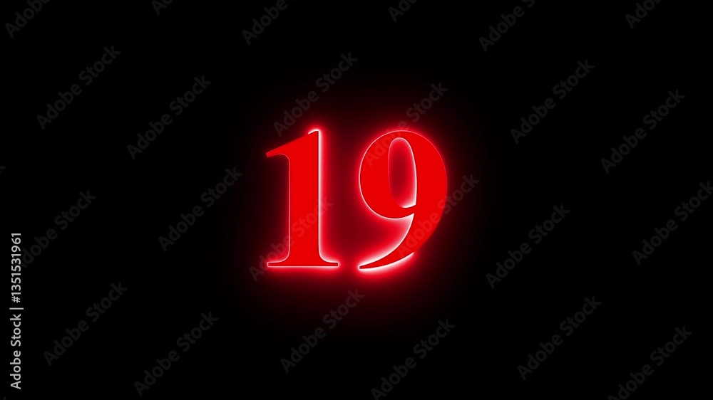 Neon text number 19 countdown icon background 4k animation . Neon dial 19 icon glowing black background animation, with Bright neon glowing number 19. Neon text number 19 countdown icon background 4k animation . Neon dial 19 icon glowing black background animation, with Bright neon glowing number 19.