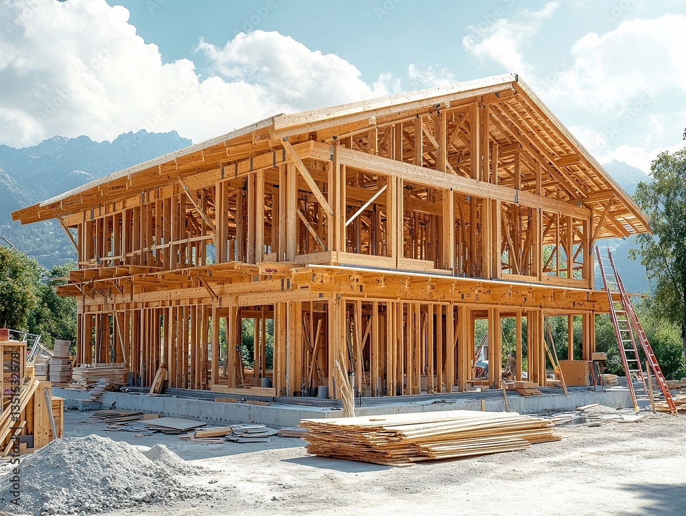 Fototapeta premium Wooden house under construction, clear sunny sky, mountainous background, beams exposed, natural building materials, active outdoor site