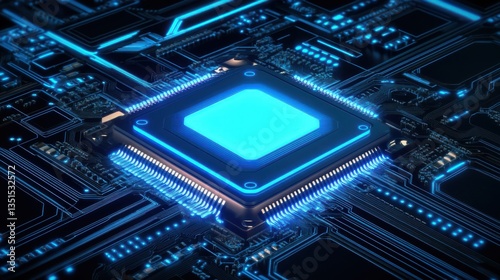 Wallpaper Mural Detailed close-up of a modern microchip with blue lights illuminating intricate circuit patterns Torontodigital.ca