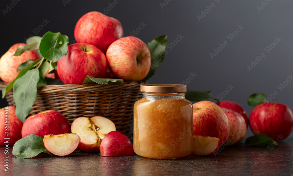 Apple jam and fresh apples on a black stone table. Apple jam and fresh apples on a black stone table.