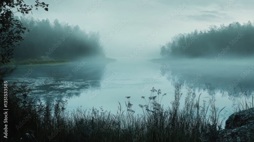 Ethereal lake landscape shrouded in mist, reflecting calm waters Ethereal lake landscape shrouded in mist, reflecting calm waters