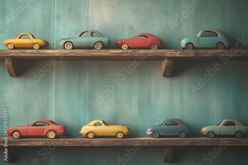 Vintage Toy Cars on Wooden Shelves