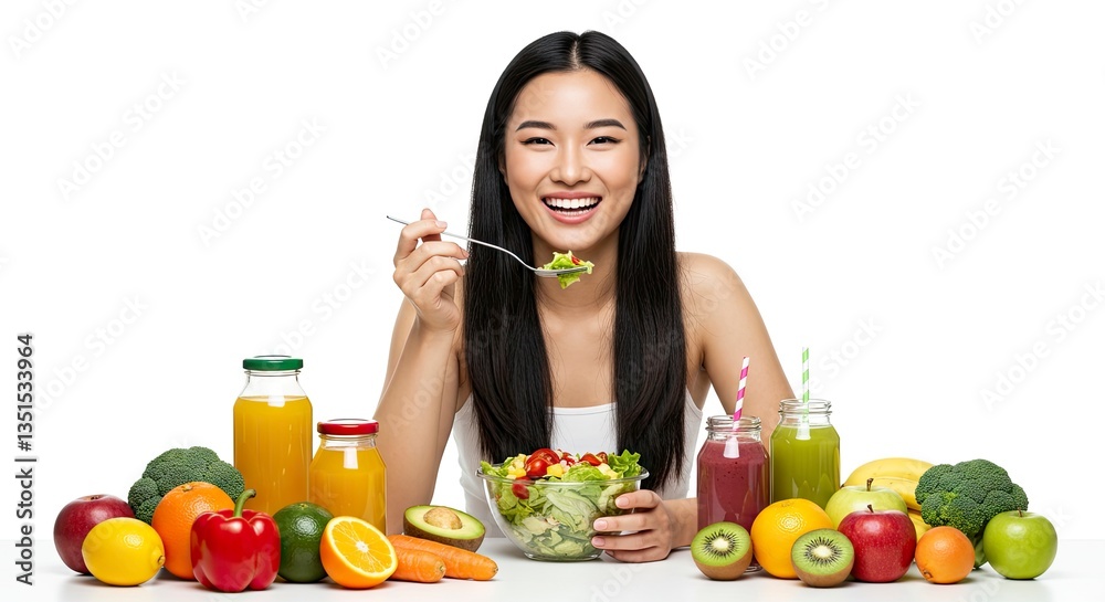 Young Asian Woman Enjoying Healthy Salad with Fresh Fruits and Juices Young Asian Woman Enjoying Healthy Salad with Fresh Fruits and Juices