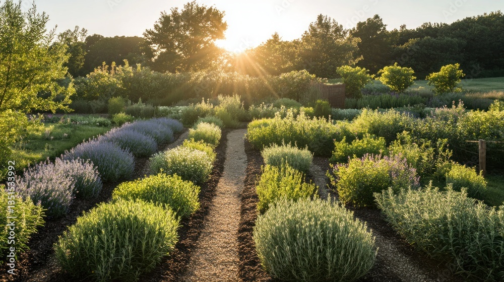 Fototapeta premium Sunlit herbal garden with rows of vibrant plants at golden hour
