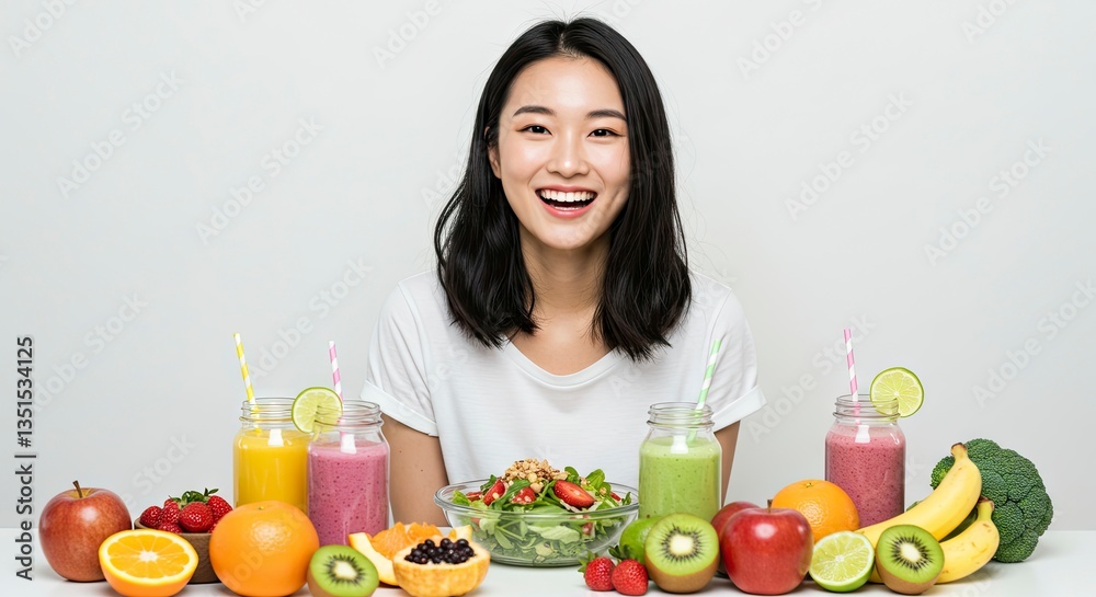 Smiling Woman with Healthy Foods Smoothies and Salad on White Background Smiling Woman with Healthy Foods Smoothies and Salad on White Background