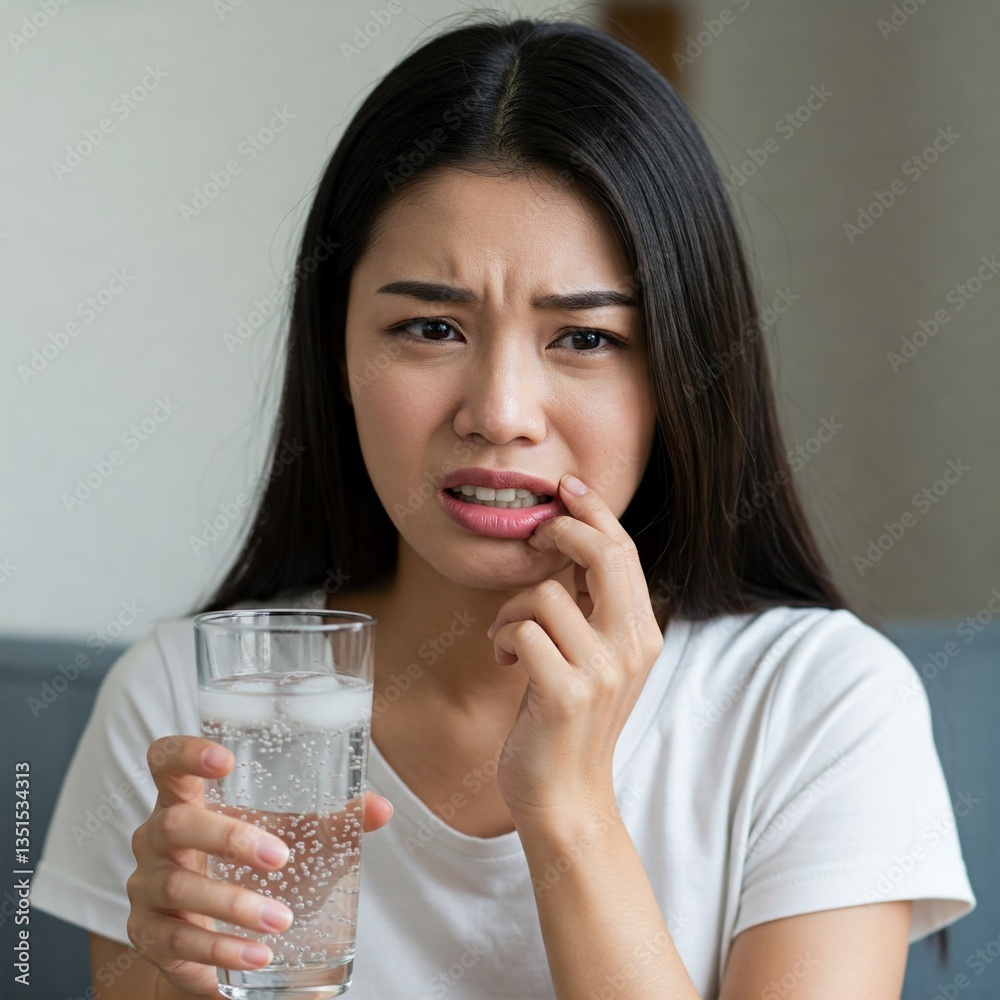 Young Asian Woman Suffering from Tooth Sensitivity and Pain While Drinking Cold Water Young Asian Woman Suffering from Tooth Sensitivity and Pain While Drinking Cold Water