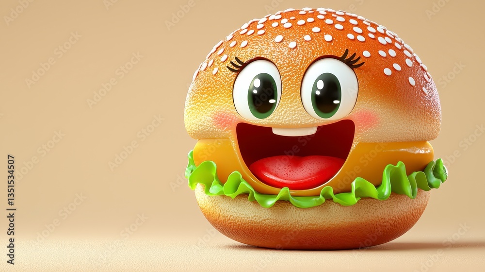 Cheerful Cartoon Burger Character with Big Eyes and Smile on Neutral Background Cheerful Cartoon Burger Character with Big Eyes and Smile on Neutral Background