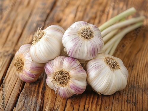  Garlic bulbs on rustic wood table, cloves peek from papery skins with purple streaks, dusty roots and soft light highlight their fresh, earthy texture