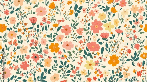 Floral pattern. Pretty flowers on a white background. Printing with small orange, red, and pink flowers. Ditsy print. Spring Bouquet.A white background, red and orange small flowers pattern.