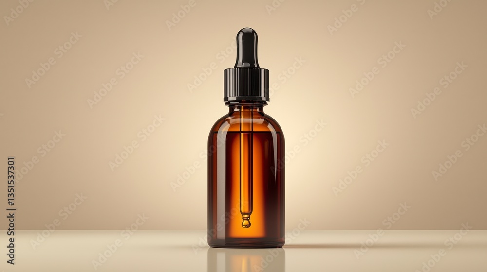 Fototapeta premium Amber Glass Dropper Bottle on Beige Background