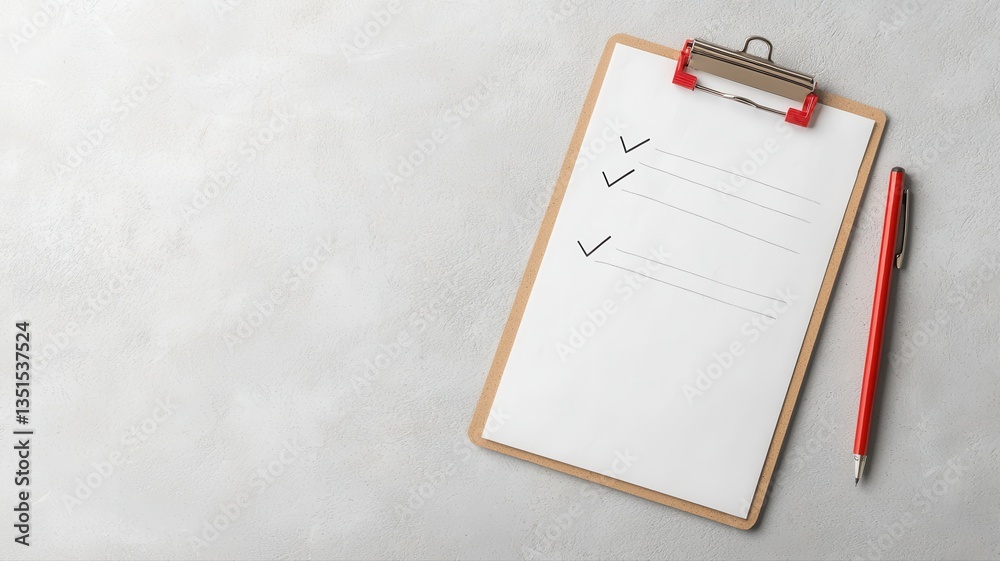 Clipboard with checklist and pen on a textured surface, symbolizing organization and productivity. Clipboard with checklist and pen on a textured surface, symbolizing organization and productivity.