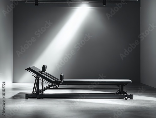  Pilates bench lit by spotlight, dark modern gym interior design, peaceful mood, ready for solo workout or private fitness session