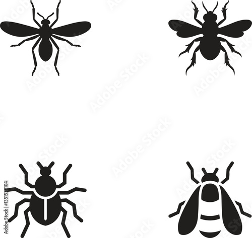 A Set of Black Insects Silhouette Flat Design Collection Fly, Bee, Beetle, and Bug Silhouettes