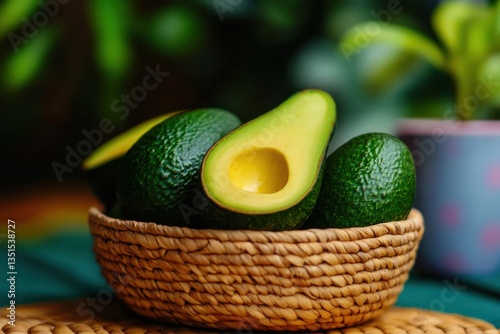 Ripe avocado in sharp focus placed in woven basket with blurred mini pastel pot behind