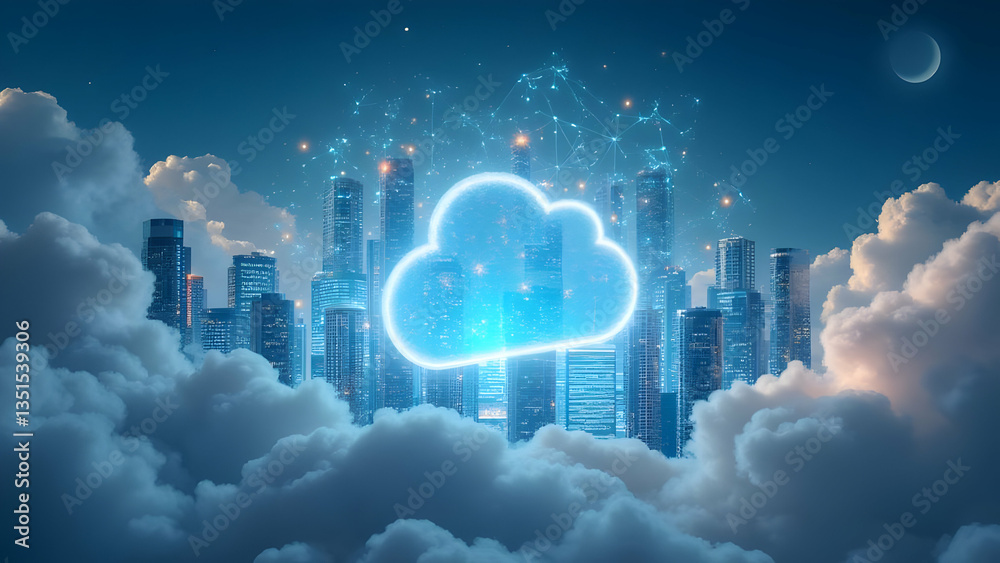 A futuristic cityscape with a glowing neon cloud icon, floating buildings, and a crescent moon, set against a cyberpunk night sky with ethereal clouds and digital technology.
A futuristic cityscape with a glowing neon cloud icon, floating buildings, and a crescent moon, set against a cyberpunk night sky with ethereal clouds and digital technology.
