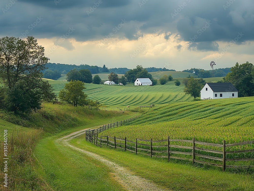 Fototapeta premium Amish farmland under dramatic sky rows of crops stretch wide with barns, windmills, fences, and dark clouds adding contrast to peaceful rural view
