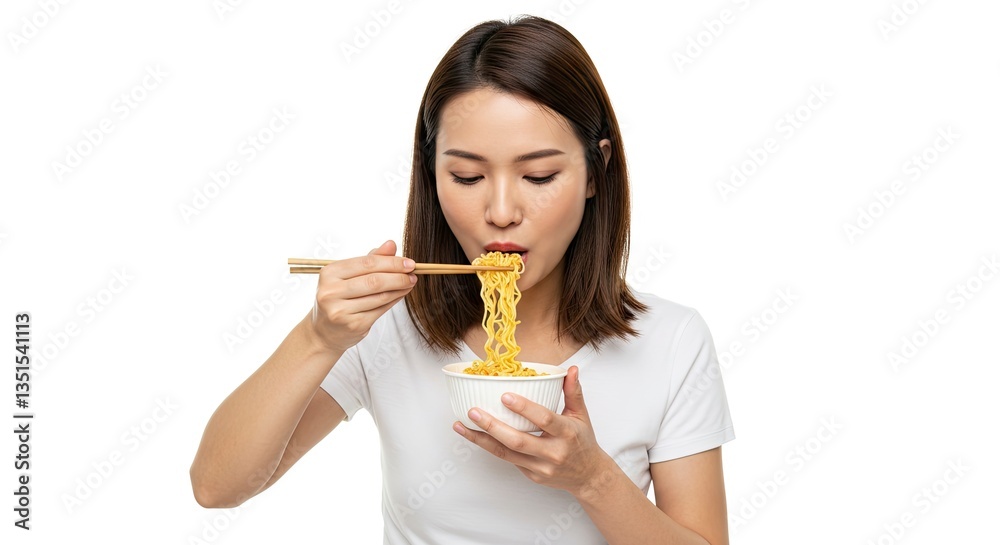 Woman Eating Instant Noodles with Chopsticks Against a White Background Woman Eating Instant Noodles with Chopsticks Against a White Background